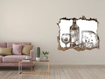 Zelfklevende muursticker 3D gat Wijn en kaas tegen de achtergrond van een beschadigde muur.