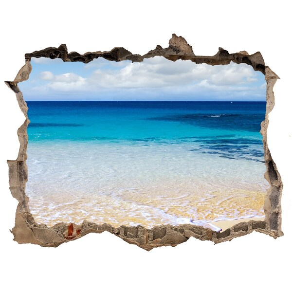 Wandsticker 3D doorkijk Caribisch strand door een gat in de muur