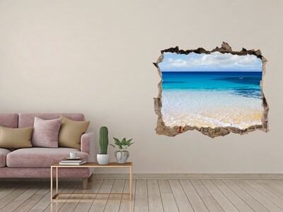 Wandsticker 3D doorkijk Caribisch strand door een gat in de muur