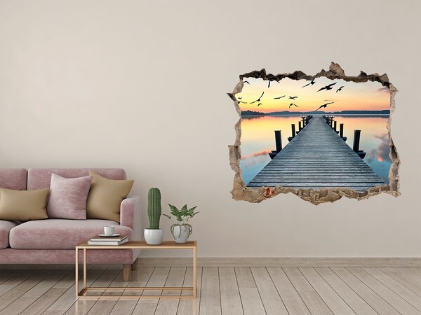 Wandsticker 3D gat met uitzicht Zonsondergang boven het meer