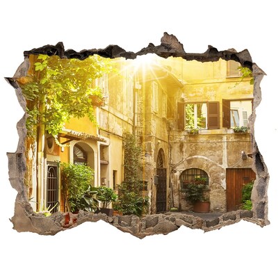 Zelfklevende 3D wandsticker illusie Een charmante binnenplaats in een zonnig stadje.