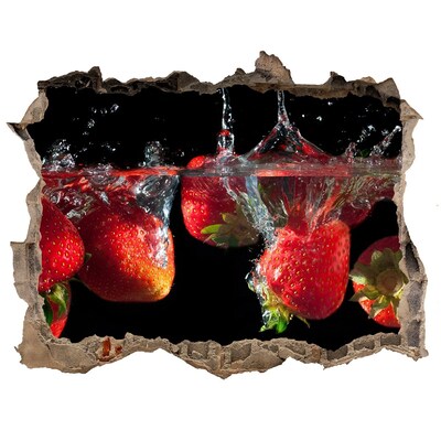 Wandsticker 3D gat met uitzicht Fruitige spetter met aardbeien