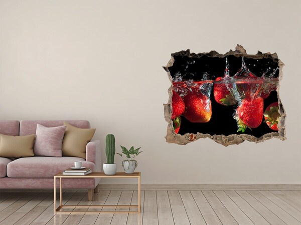 Wandsticker 3D gat met uitzicht Fruitige spetter met aardbeien