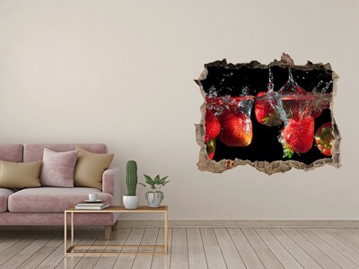 Wandsticker 3D gat met uitzicht Fruitige spetter met aardbeien