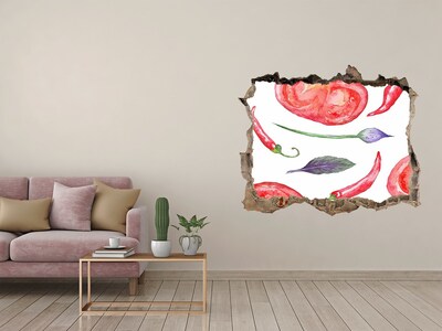 Wandsticker 3D doorkijk Fruit en groenten in een gat in de muur