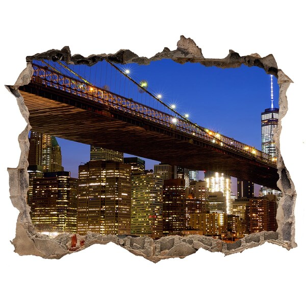 Wandsticker 3D gat met uitzicht Brooklyn Bridge 's nachts