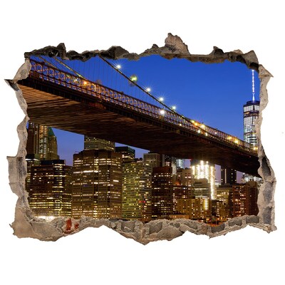 Wandsticker 3D gat met uitzicht Brooklyn Bridge 's nachts