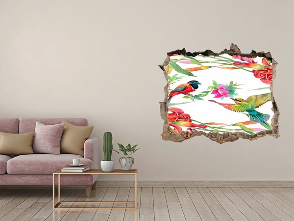 Zelfklevende 3D wandsticker illusie Een tropisch paradijs met vogels en bloemen.