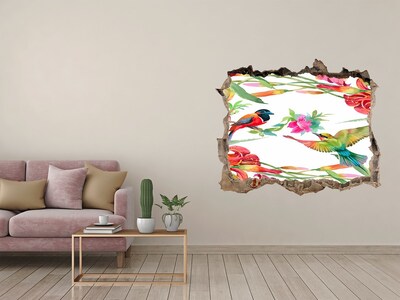 Zelfklevende 3D wandsticker illusie Een tropisch paradijs met vogels en bloemen.