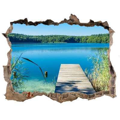 Wandsticker 3D gat met uitzicht Een baai met een houten pier