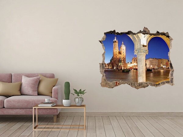 Wandsticker 3D doorkijk Het centrale marktplein van Krakau 's nachts