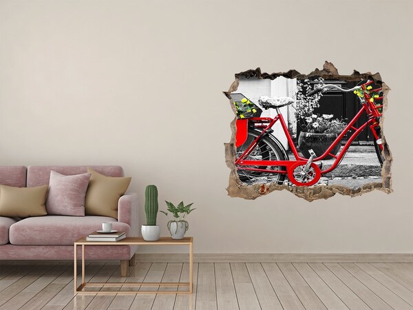 Zelfklevende muursticker 3D gat Een rode fiets in een stedelijke omgeving