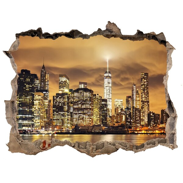 Zelfklevende 3D wandsticker illusie De skyline van New York 's nachts