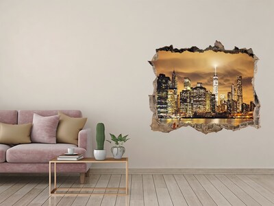 Zelfklevende 3D wandsticker illusie De skyline van New York 's nachts