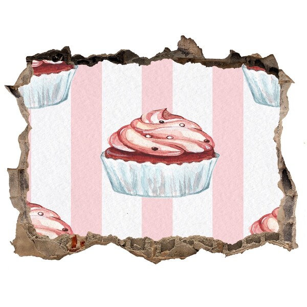 Wandsticker 3D doorkijk Cupcake in een gat in de muur