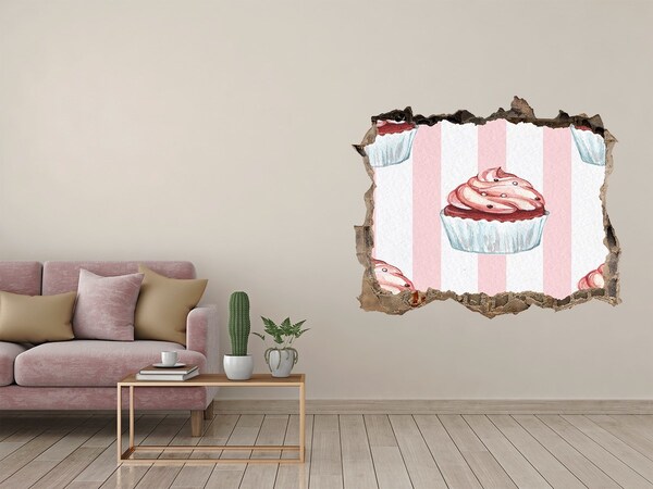 Wandsticker 3D doorkijk Cupcake in een gat in de muur