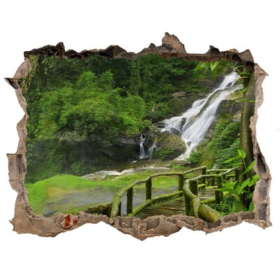 Zelfklevende muursticker 3D gat Tropische waterval in de jungle