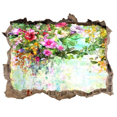 Zelfklevende muursticker 3D gat Een bloemenparadijs achter de muur.