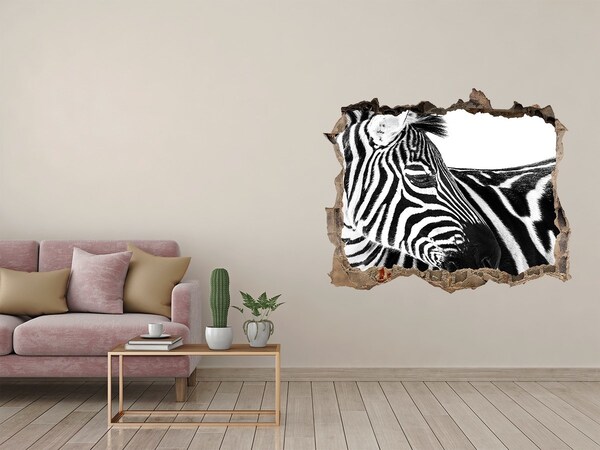 Zelfklevende 3D wandsticker illusie Zebra in een gat in de muur