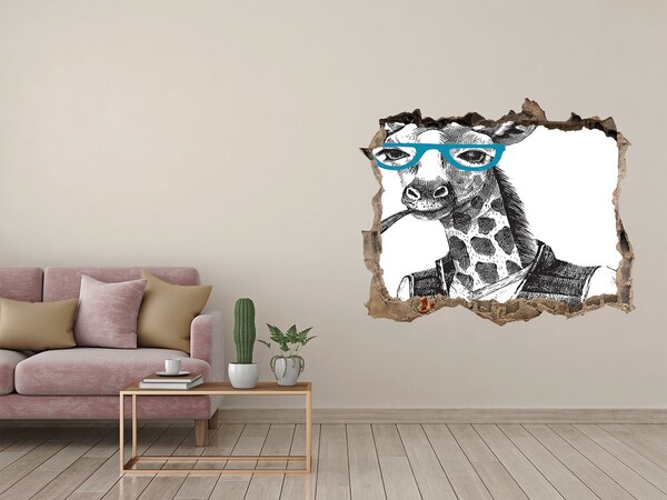 Wandsticker 3D doorkijk Giraffe met bril en pijp