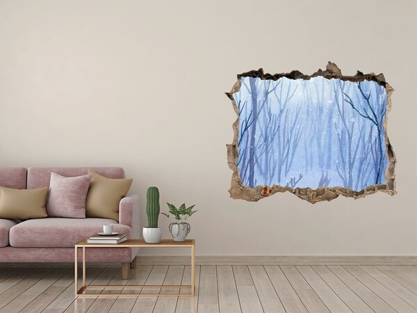 Zelfklevende 3D wandsticker illusie Winterlandschap gezien door een gat in de muur