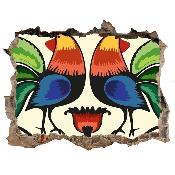 Wandsticker 3D gat met uitzicht Kleurrijke hanen op de achtergrond van de muur