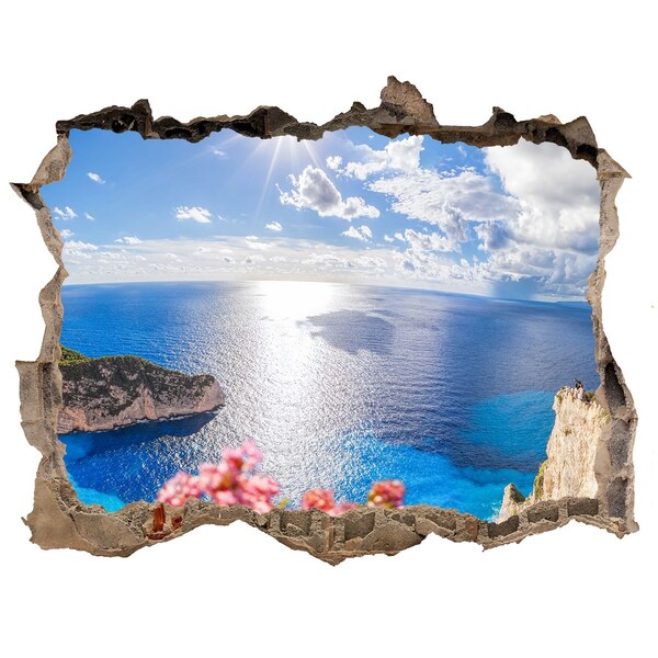 Wandsticker 3D gat met uitzicht Uitzicht vanaf de klif boven de zee