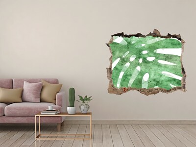 Wandsticker 3D gat met uitzicht Groen blad in een beschadigde muur