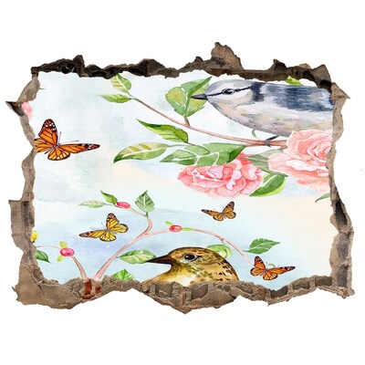 Zelfklevende muursticker 3D gat Vogels in de rozentuin