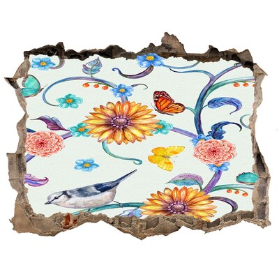 Wandsticker 3D gat met uitzicht Een bloemenparadijs achter het gat