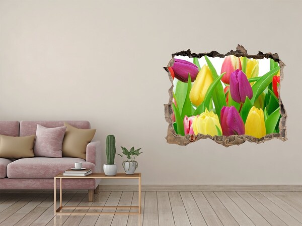 Wandsticker 3D gat met uitzicht Een bloemenparadijs met tulpen.