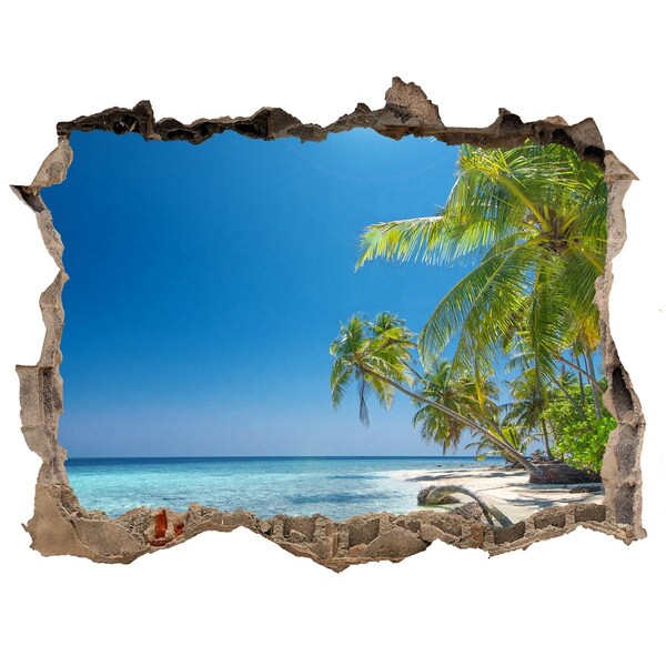 Zelfklevende 3D wandsticker illusie Tropisch strand met palmbomen