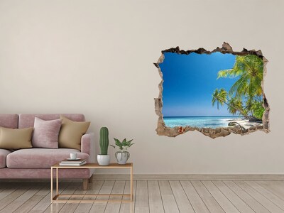 Zelfklevende 3D wandsticker illusie Tropisch strand met palmbomen