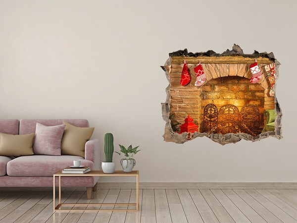 Wandsticker 3D gat met uitzicht Een open haard met een kerstsfeer.