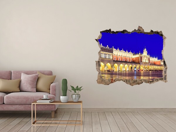 Zelfklevende 3D wandsticker illusie Het Grote Marktplein van Krakau 's nachts