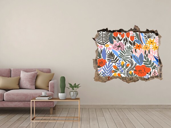 Wandsticker 3D doorkijk Bloemenmuurschildering door een gat in de muur