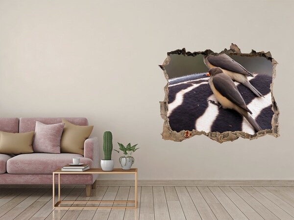 Wandsticker 3D gat met uitzicht Vogels op de rug van een zebra