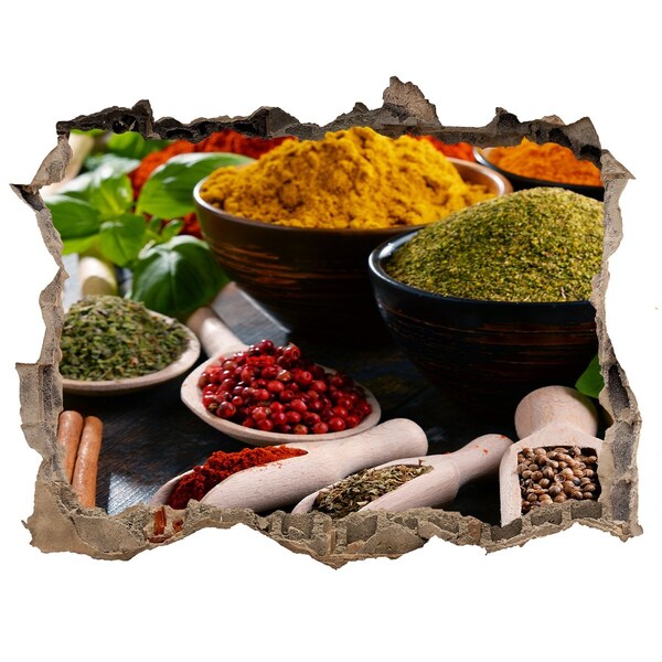 Wandsticker 3D gat met uitzicht Kleurrijke specerijen in de keuken