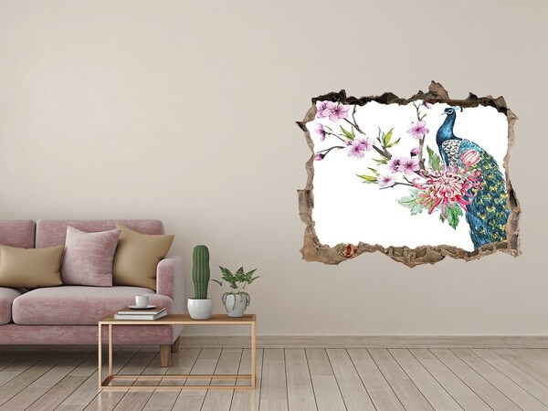 Zelfklevende 3D wandsticker illusie Pauw tussen de bloemen