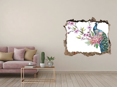 Zelfklevende 3D wandsticker illusie Pauw tussen de bloemen