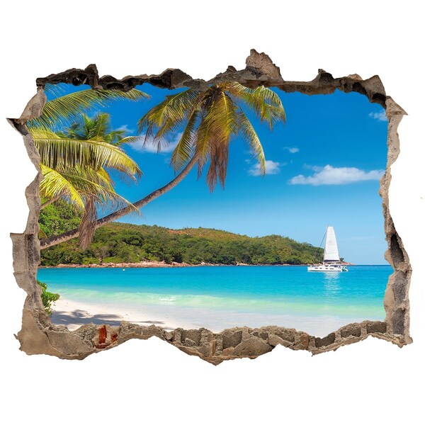 Wandsticker 3D doorkijk Tropisch strand met palmbomen