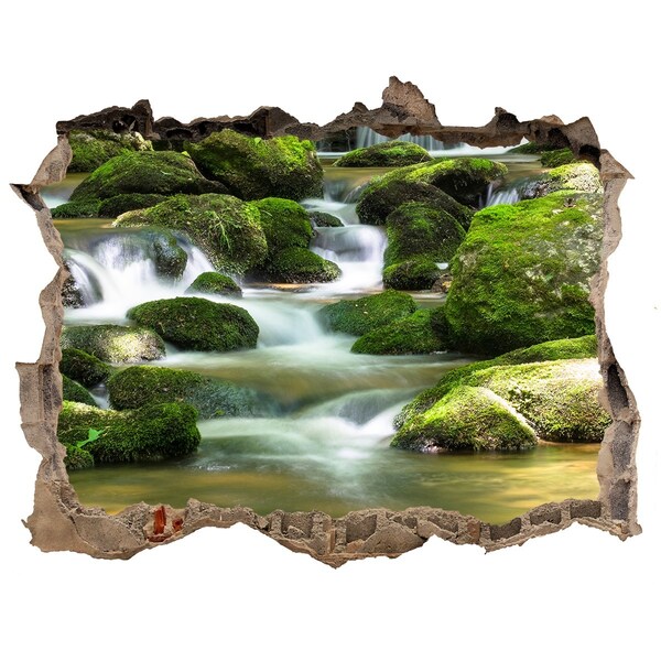 Wandsticker 3D gat met uitzicht Waterval in het groene bos