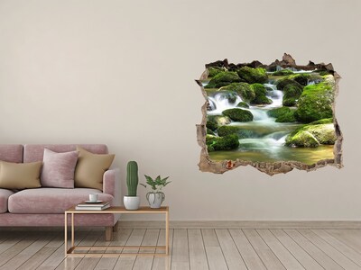 Wandsticker 3D gat met uitzicht Waterval in het groene bos