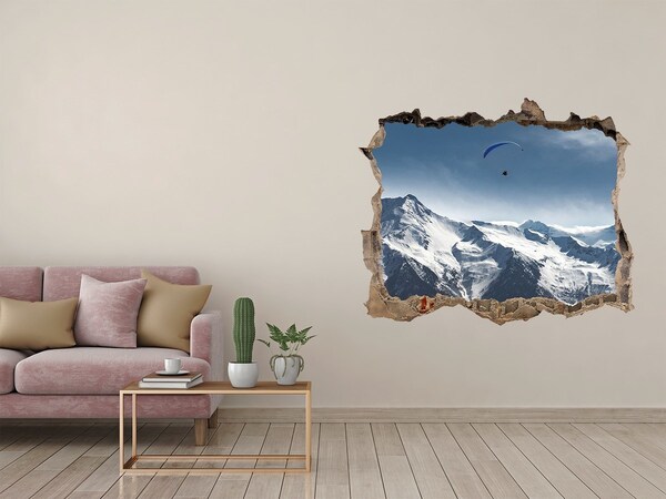 Wandsticker 3D gat met uitzicht Berglandschap met een paraglider