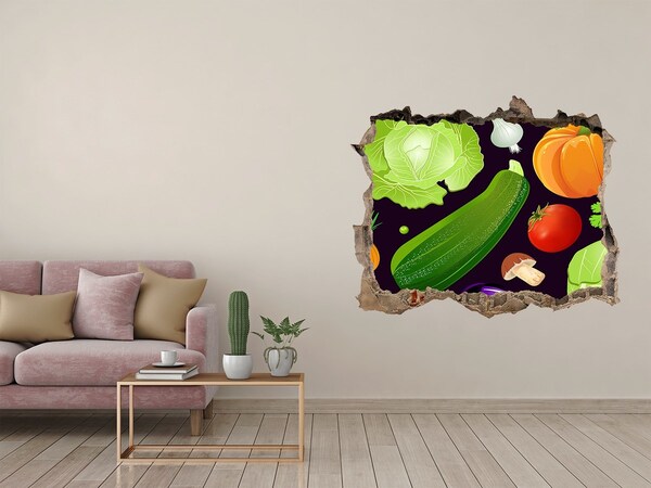 Wandsticker 3D doorkijk Fruit en groenten in een gat in de muur