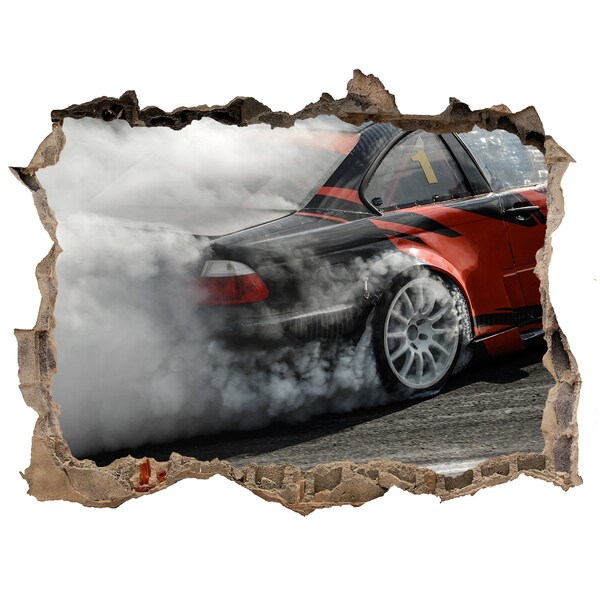 Zelfklevende muursticker 3D gat Raceauto in actie