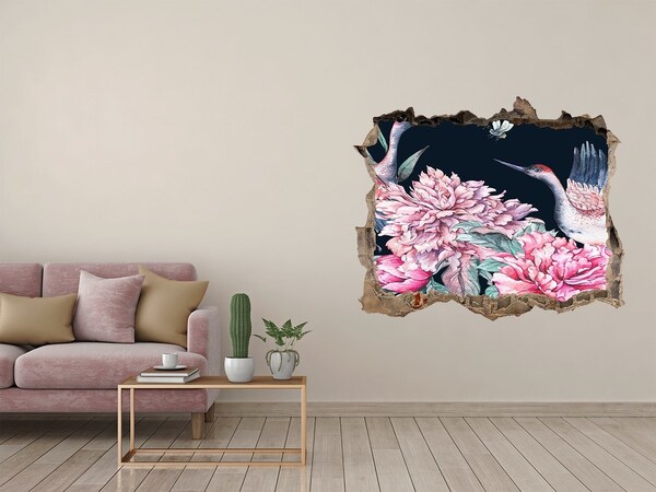 Zelfklevende 3D wandsticker illusie Bloementafereel met vogel