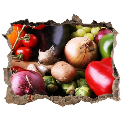 Wandsticker 3D gat met uitzicht Fruit en groenten in een gat in de muur