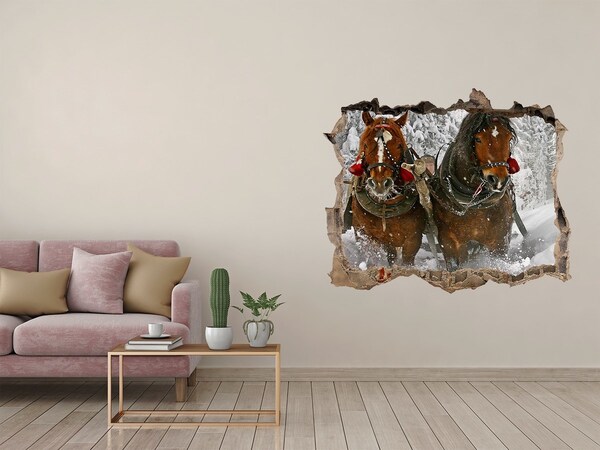 Wandsticker 3D gat met uitzicht Winterreis met paarden
