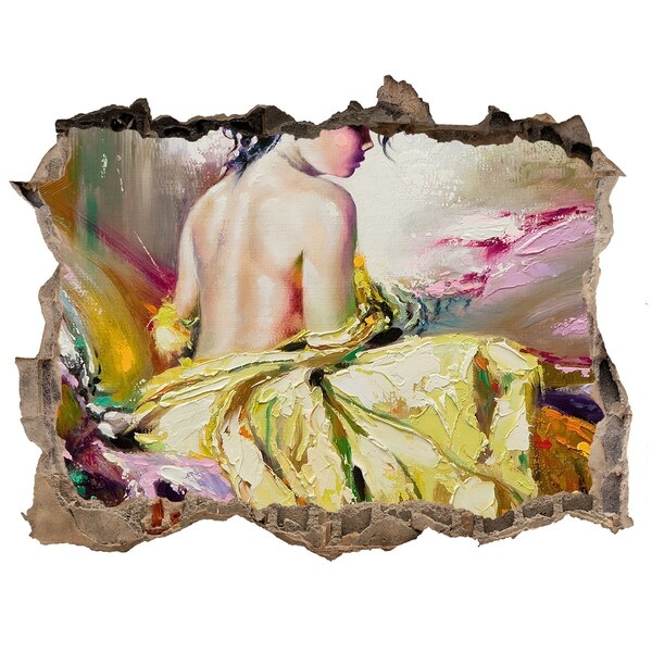 Zelfklevende 3D wandsticker illusie Vrouw in een gele jurk